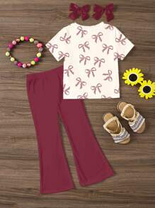 SHEIN 2pcs Tween Girls Casual Minimalist Short Sleeve Top And Long Pants Set, Summer