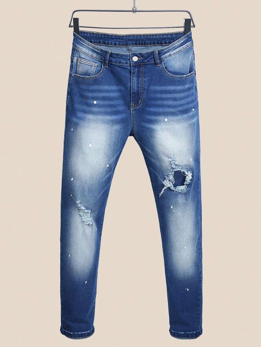 Manfinity Homme Men's Casual Washed Ripped Slim Fit Jeans - Medium Wash - View 1