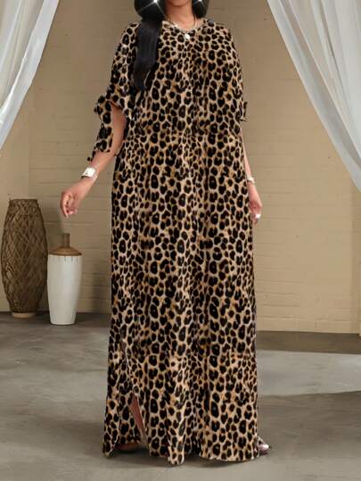 SHEIN Lady Holiday Dress Plus Size Leopard Print Short Sleeve Women's Robe Loose Drape Holiday Bridal Shower Dress Beach Women's High Waist Slim Fit Maxi Dress