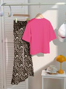 SHEIN Tween Girls Casual Minimalist Short Sleeve Top And Pants 2 Pieces Set, Summer - Multicolor - View 2