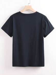 Women's Casual Letter & Fruit Print Round Neck Short Sleeve T-Shirt, Summer - Navy Blue - View 2