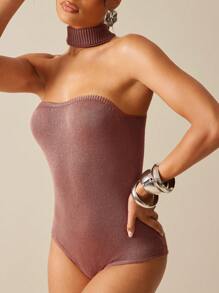 Hauture Summer Vacation Knitted Mock Neck Bandeau Bodysuit - Red - View 4