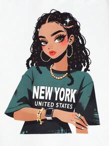 SHEIN Ensemble 2 pièces pour adolescentes, t-shirt décontracté à manches courtes et col rond avec imprimé graphique et pantalon cargo ample à poches, à la mode, pour le quotidien et l'extérieur, vert