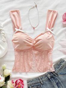 Soleia Top a canottiera da donna con fiocco decorativo, rosa, aderente, orlo ondulato, adatto per vacanze, uso quotidiano, occasioni romantiche, feste, appuntamenti, matrimonio, spiaggia, crociera, tè pomeridiano