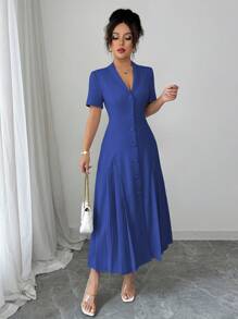 Elenzga 女士优雅法式立领纽扣 A 字中长连衣裙，纯色正式办公室休闲通勤长袖连衣裙，春夏 - 寶藍色 - 查看 5