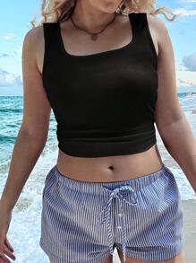 SHEIN EZwear 大码女式简约黑色无袖背心，带粗肩带，适合夏季