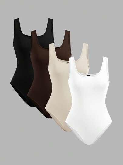 SHEIN EZwear 4Pcs Women Multi-Color Camisole Tight Bodysuit Set, Casual Wear Suitable For Summer Suitable For Going Out