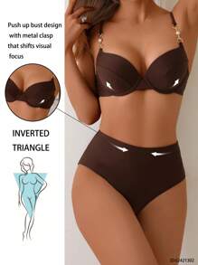 Swim Basics New Summer Vacation Push-Up Padded Solid Color Adjustable Strap High Waist Spaghetti Strap Bikini Swimwear Set - Brown - View 3