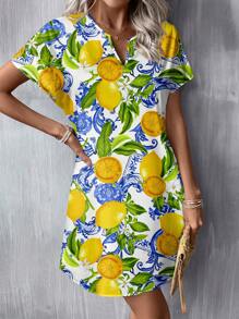 SHEIN LUNE Casual Minimalist Vacation Lemon Flower Elegant Baroque Blue Floral Print V Neck Woven Short Dress For Women, Suitable For Spring/Summer,Bohemian Clothes,Dresses For Women Summer