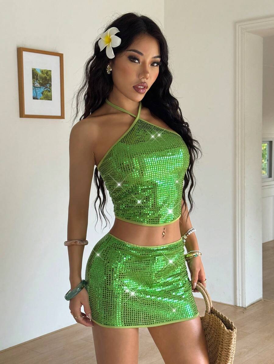 SHEIN EZwear Women's Summer Green Holiday Sequin Halter Top And Mini Skirt Set - Green - View 1
