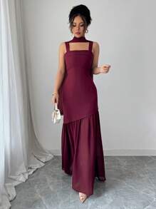 Selianne Vestido maxi fluido de mujer de primavera/verano, elegante y ligero, de lujo y chic, con diseño sencillo para uso diario, de vacaciones y casual, con tirantes anchos, diseño de cintura, bajo asimétrico, malla transparente y abertura, sin mangas - Burdeos - Ver 7