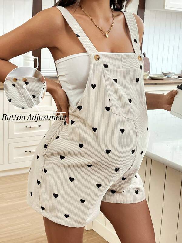 SHEIN Maternity Heart Print Side Button Adjustable Corduroy Strap Romper