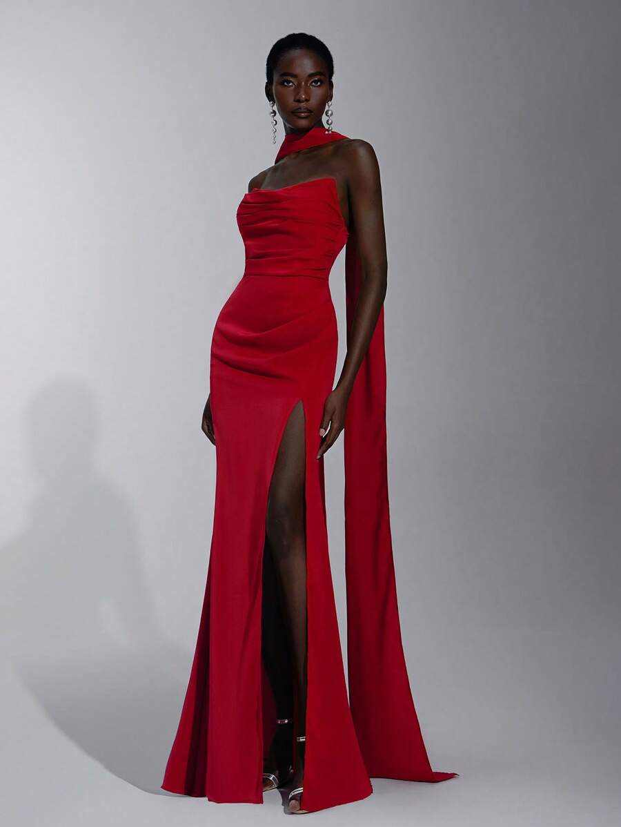 SHEIN Belle Elegant, Romantic, Crimson, Satin, Woven Matte Ribbon Trim, Off-Shoulder, Tube Top, Pleated, Bodycon, Mermaid Hem, Wedding Guest, Party, Bridesmaid Dress - Red - View 1