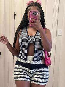 Slaydiva Women's Chic Summer Black And White Striped Two Pieces Set,Vacation Crocheted Deep V-Neck Sleeveless Sweater Top & Slim Fit Shorts Knit Wool Suit - Black and White - View 2