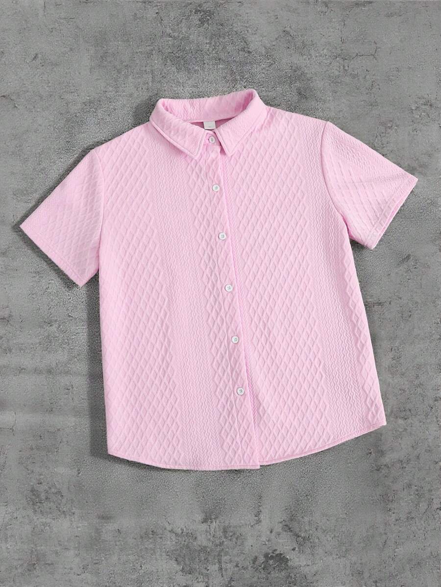 SHEIN Explorewe Textured Short Sleeve Shirt For Teenagers, Casual Stand Collar Slim Fit Korean Style Top. This Shirt Is Suitable For Teenagers To Wear In Various Occasions, Whether For Casual Daily Wear, School Activities, Gathering With Friends, Or Family Outings. - Brown - View 1