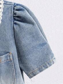 Tween-Mädchen 2-teiliges Set mit kontrastfarbenem Kragen, Puffärmeln, Jeansjacke und Camisole-Kleid mit Schleife - Aprikosenfarben - Übersicht 11