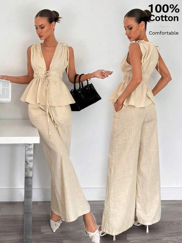 Siren Gaze Conjunto de camisa y pantalones de mujer con cintura alta, cordón ajustable y drapeado, ropa de lino de 2 piezas