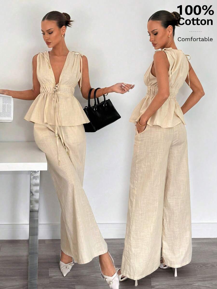 Siren Gaze 100%Cotton Women's High-Waist Drawstring Adjustable Ruched Shirt And Pants Set, Ladies 2 Pieces Outfit, Linen Clothing,Summer Outfits For Women,Vacation Outfits Woman,Business Casual Woman,Linen Suits,Butter Yellow - Apricot - View 1