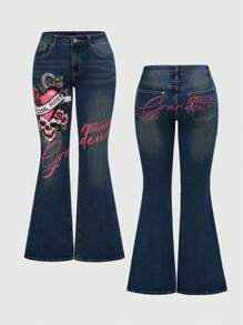 ROMWE Grunge Punk Plus Size Women Y2K Vintage Style Skull & Heart Graphic Embroidered Letter Elastic Flare Leg Jeans, Summer - Blue - View 1