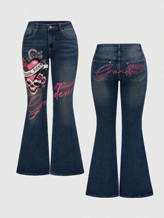 Grunge Punk Plus Size Women Y2K Vintage Style Skull & Heart Graphic Embroidered Letter Elastic Flare Leg Jeans, Summer