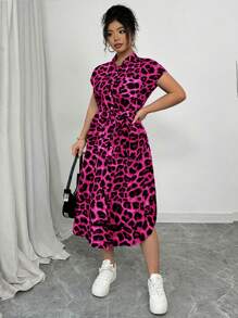 Elenzga Vestido casual de club para mujer talla grande de diseño elegante con estampado de leopardo, cuello, mangas raglán, cinturón, lazo, botones de madera delanteros. Diseño a la moda, para primavera/verano - Multicolor - Ver 6