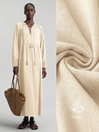 Ontre Women's Solid Color Long Sleeve Ruched Fashion Tassel Tie Neck Lantern Sleeve Casual Long Dress, Suitable For Beach, Vacation, Graduation, Office, Beach Wear, Holiday, Tea Party, Party, Casual Vacation Dress