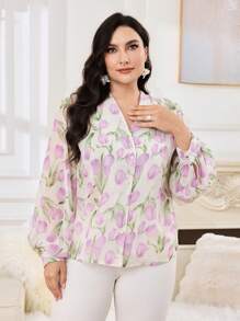 Modelyn Plus Size Women Floral Print Single-Breasted Lantern Sleeve Elegant Blouse