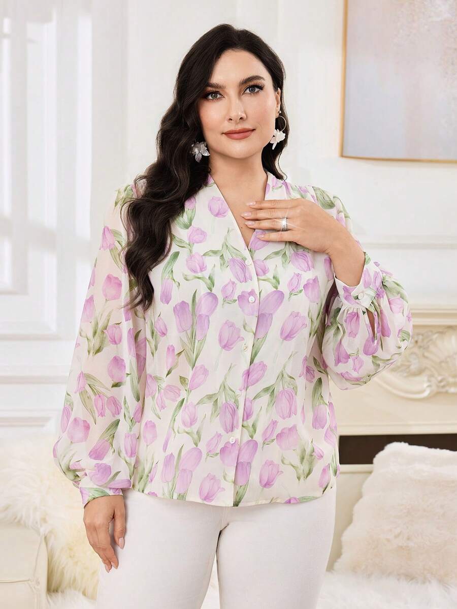 Modelyn Plus Size Women Floral Print Single-Breasted Lantern Sleeve Elegant Blouse