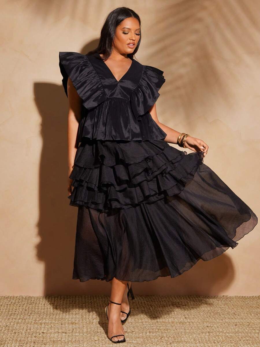 纯色雪纺层叠荷叶边中长裙搭配骑行短裤，波西米亚风，节日，夏季，度假