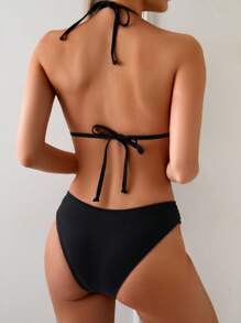 Swim Basics 女士基本款纯色黑色比基尼套装，三角杯提升吊带上衣和交叉侧绳泳裤，适合海滩、度假村、游泳池等所有人 - 黑色 - 查看 3