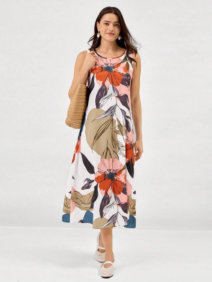 Miaspire 女式热带花卉印花休闲长款夏季连衣裙