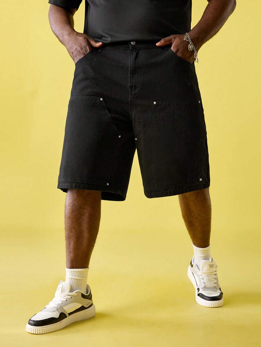 EASEVO Men Plus Size Casual Loose Street Woven Black Denim Shorts, Emo, 2000s Style - Black - View 1