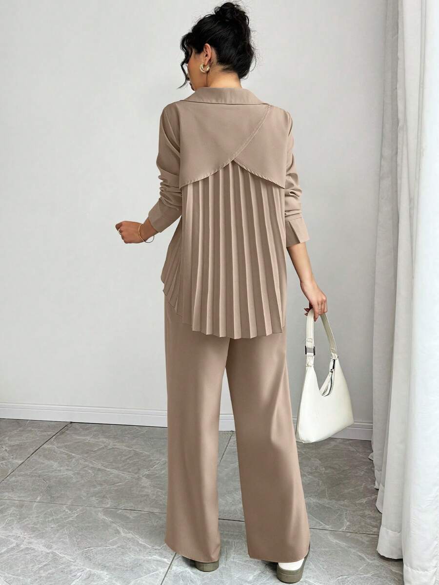 Chiquease Set de 2 blusas casuales de manga larga y plisadas para mujer - Caqui - Ver 1