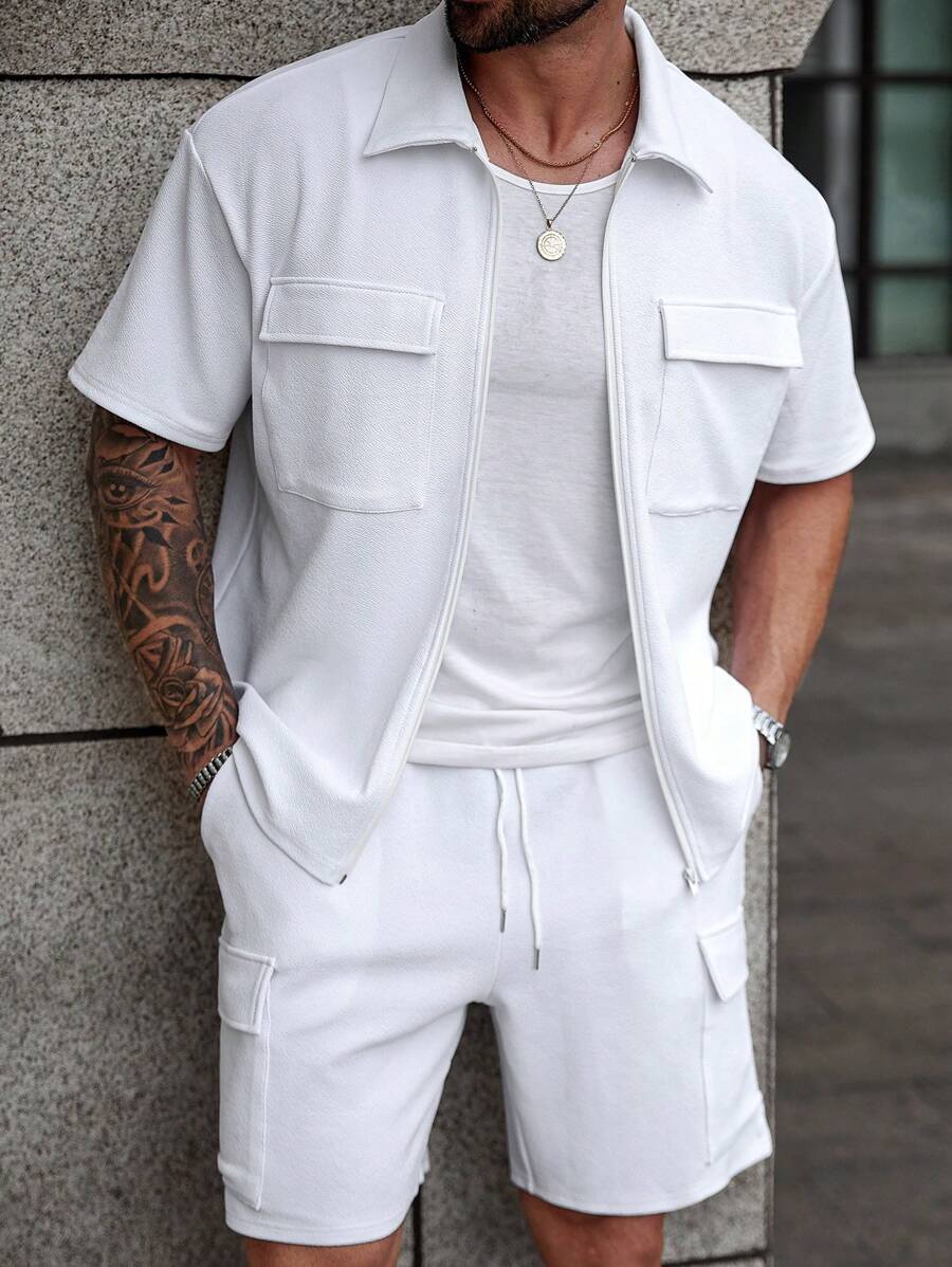Manfinity CasualCool Conjunto informal de talla grande para hombres de camisa de manga corta de unicolor con bolsillos tipo cargo y pantalón corto