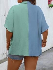 SHEIN LUNE 大码女式单排扣宽松蝙蝠袖撞色休闲衬衫，夏季