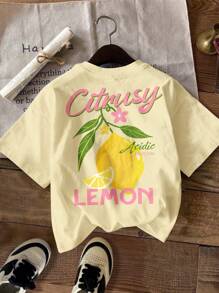 SHEIN Leap Crew Tween Mädchen-Kuschel-Sommer-Muster mit Zitronenbaum & Blumen Vintage-Muster, Tween Mädchen-Lässig-Grafik-Loose-Raglan-Kurzarm-T-Shirt, geeignet für den Sommer, Tween Mädchen-Grafik-T-Shirts