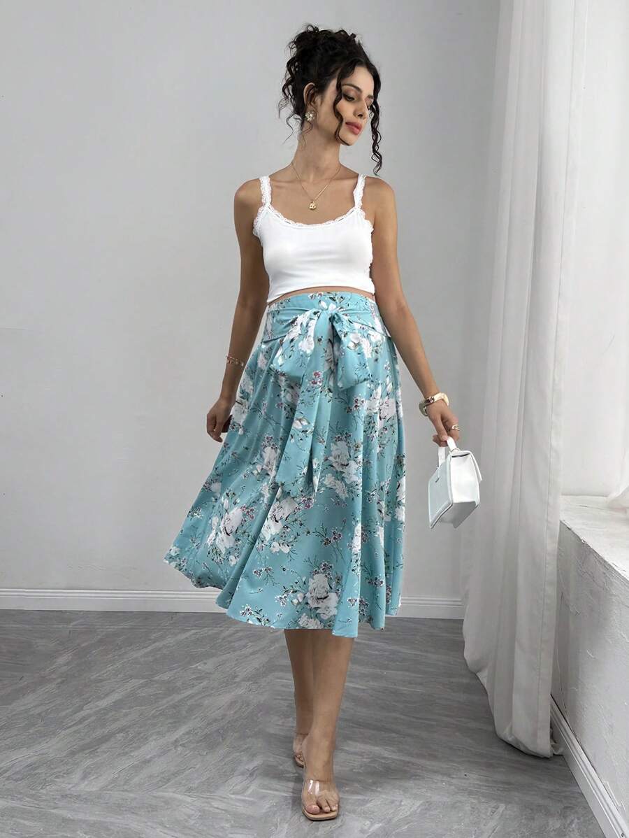 Momance Elegant & Comfy Floral Print Drawstring Waist Maternity Skirt