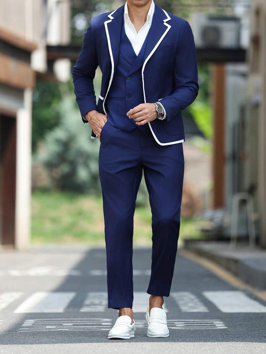 Manfinity Mode Herren Anzugjacke in Indigo-Blau mit Farbblockdesign und Paspeln, Zweireihig, und passende Hose für festliche Anlässe - marineblau - Übersicht 1