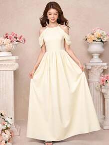 SHEIN Pitira Vestido con un hombro y pliegues en línea A, con mangas abullonadas, de color champán, elegante, adecuado para bodas, fiestas, ir al trabajo, de compras, fiestas de cumpleaños, vuelta al cole, verano, playa, vacaciones, para adolescentes