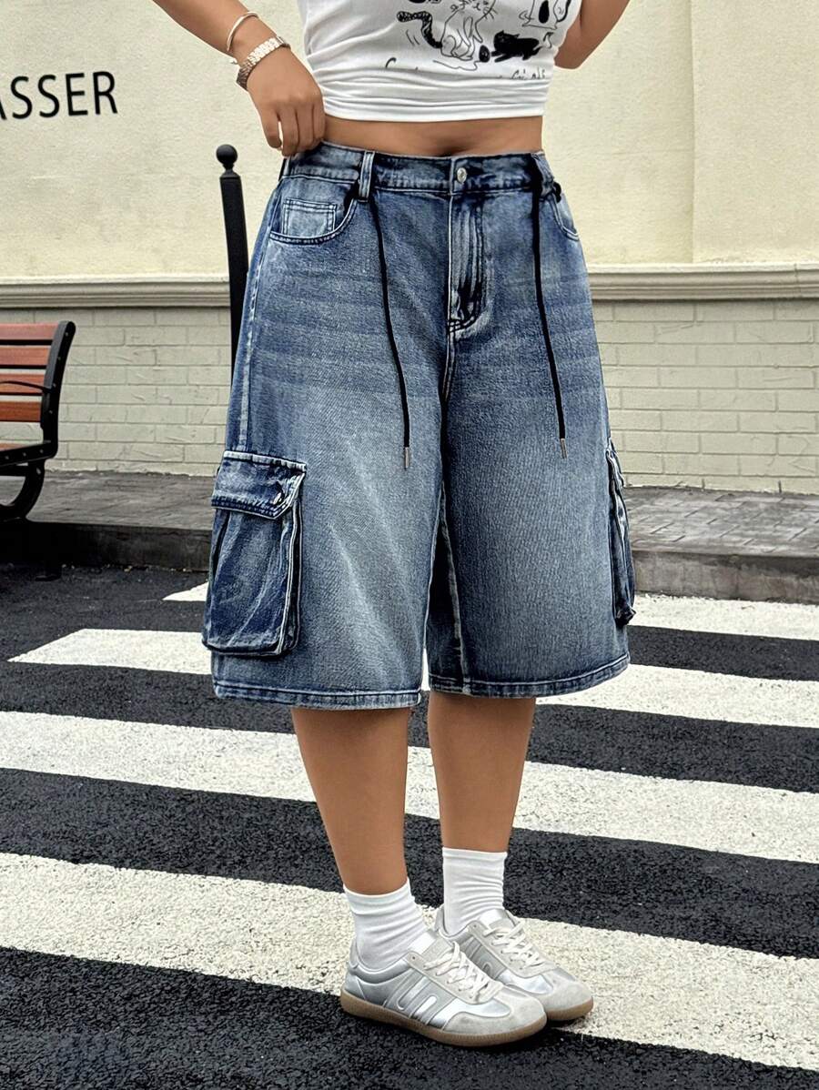 SHEIN ICON Y2K 街头服饰洗水工装宽松牛仔裤 - 深色水洗藍 - 查看 1