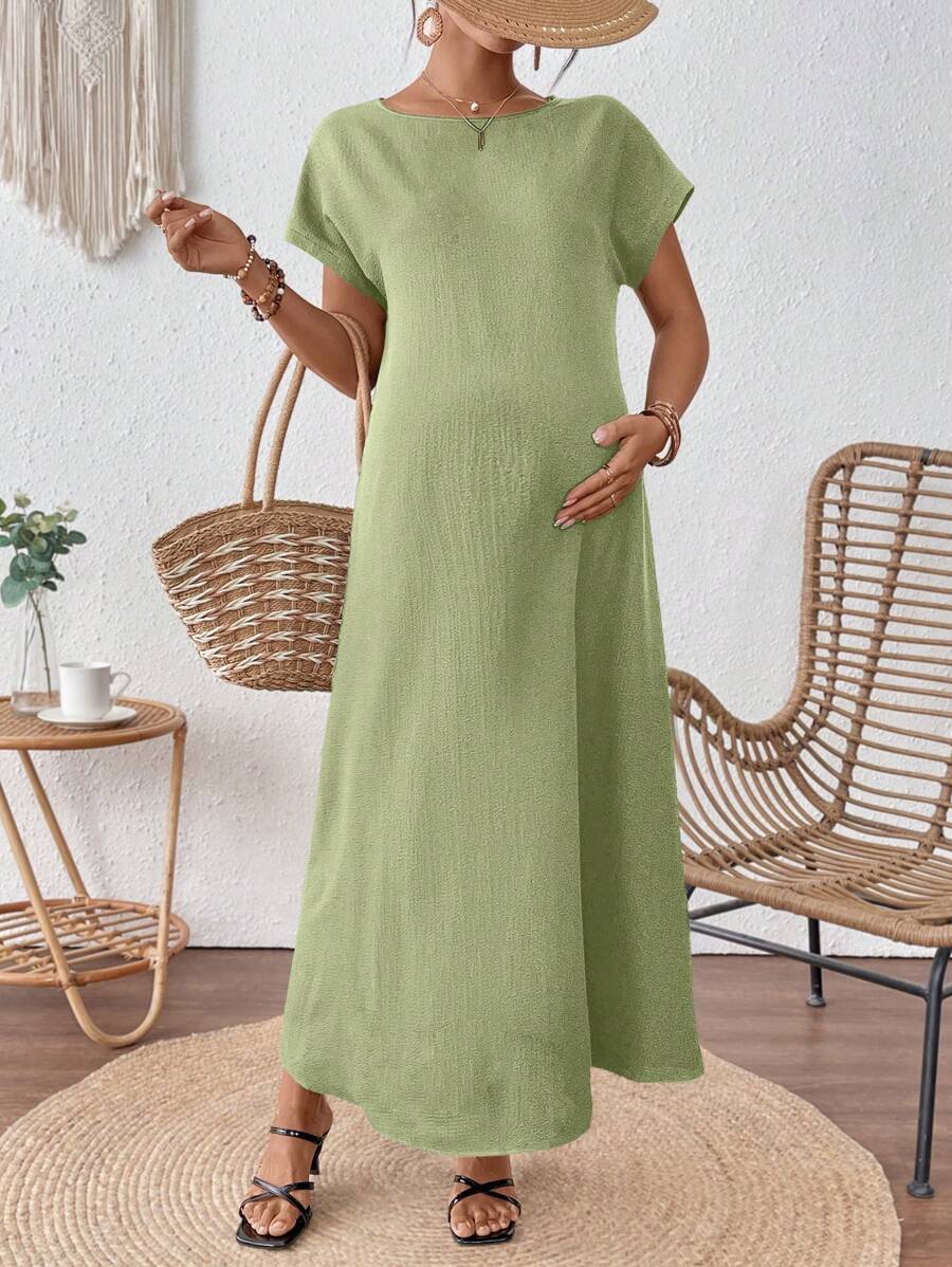 SHEIN Solid Color Knitted Loose Maternity Dress - Green - View 1