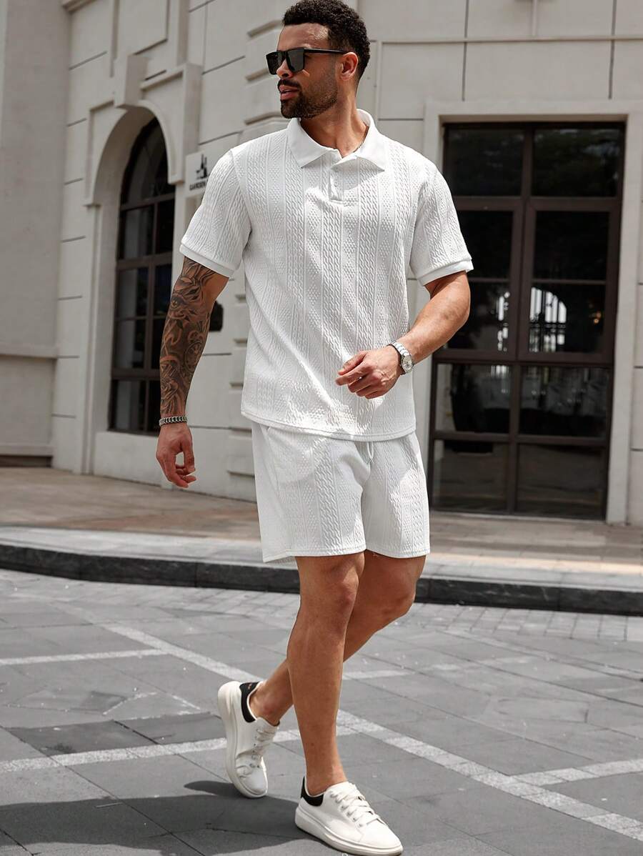 Manfinity Homme Conjunto de camisa polo casual e shorts masculino plus size de cor sólida - Branco - Ver 1