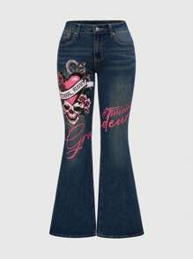ROMWE Grunge Punk Plus Size Women Y2K Vintage Style Skull & Heart Graphic Embroidered Letter Elastic Flare Leg Jeans, Summer - Blue - View 2