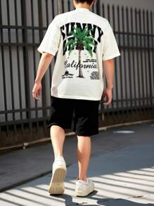 SHEIN 2pcs/Set Teenager Boys' Vacation Casual Palm Tree Graphic Round Neck T-Shirt And Sports Shorts Set