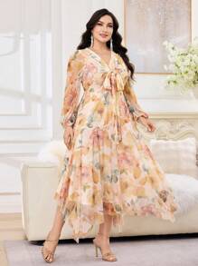 Modelyn Robe longue à manches longues et imprimé floral avec torsade à l'avant pour grandes tailles