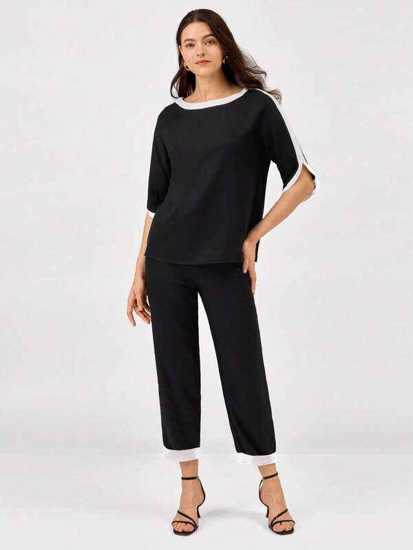 Miaspire 2pcs/Set Women Contrast Color Trim Top And Pants Set