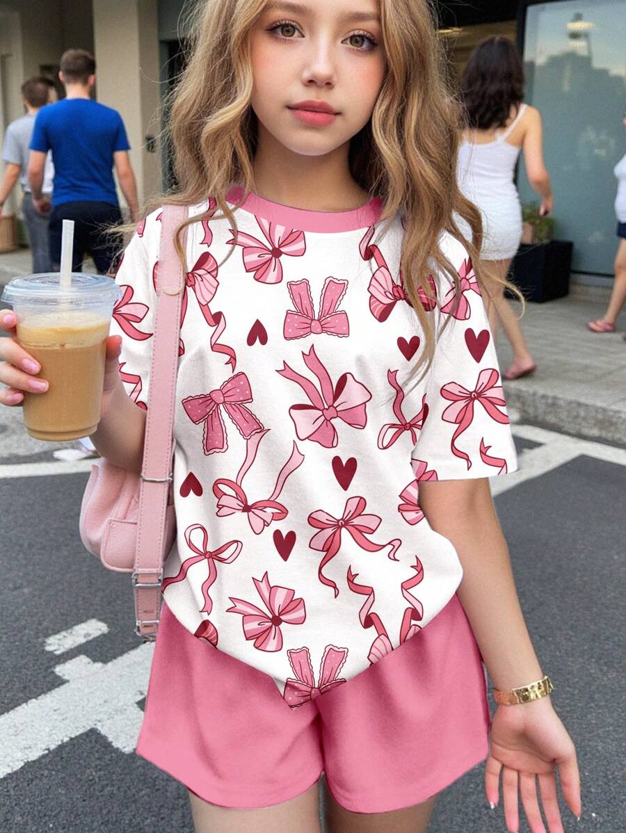 SHEIN Leap Crew Cute Pink Heart & Bow Print Graphic Tween Girls 2pcs Set: Short Sleeve T-Shirt & Shorts, Casual Minimalist Style Suitable For Summer