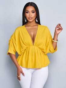 SOLERSUN New Spring And Summer Fashion Women's Solid Color Vacation Loose Casual Outing Deep V-Neck Pleated Bat Sleeve Short-Sleeved Shirt Loose Casual Shirt Tops, Seaside Vacation, Beach Vacation - Yellow - View 6
