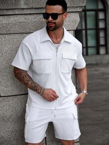 Manfinity CasualCool Conjunto informal de talla grande para hombres de camisa de manga corta de unicolor con bolsillos tipo cargo y pantalón corto