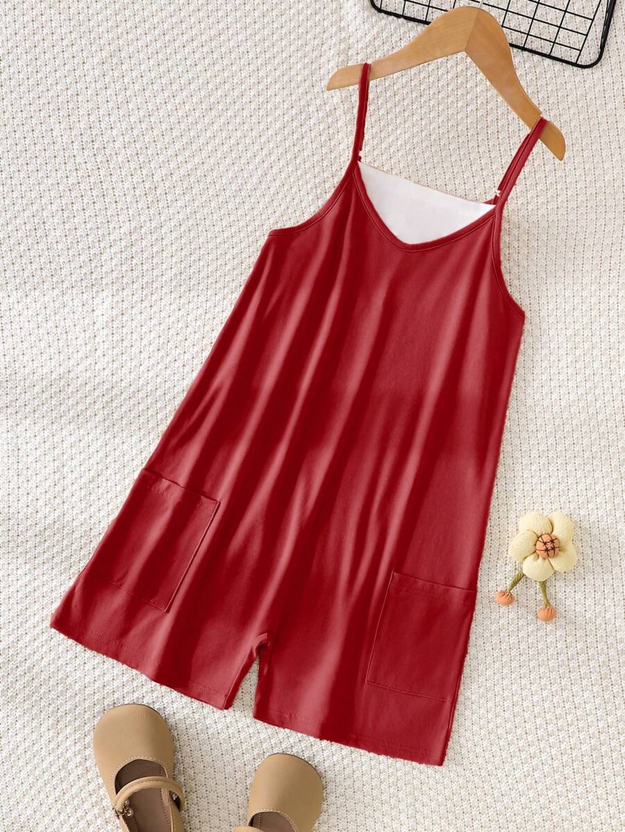 Mono de niña preadolescente con bloques de color y doble bolsillo para el verano - Rojo - Ver 1